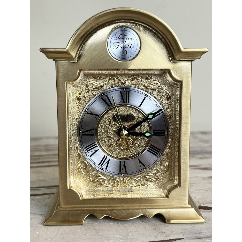 Linden Tempus Fugit Brass Quartz Alarm Desk Clock Japan Approx 4.5” Works READ✨